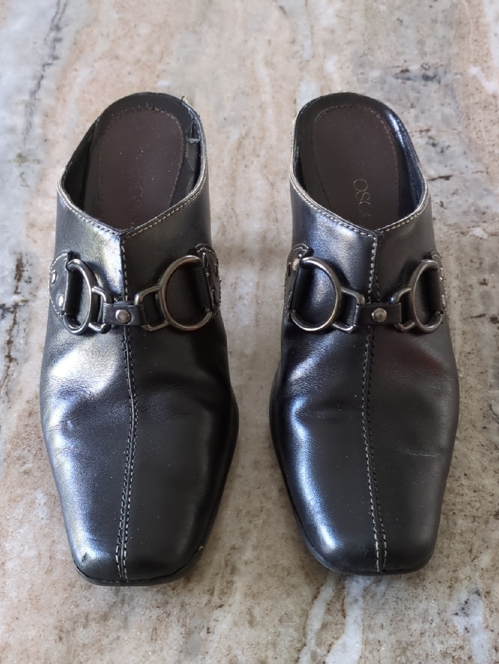 AEROSOLES Black Leather Slip-On Mules with Decorative Buckles